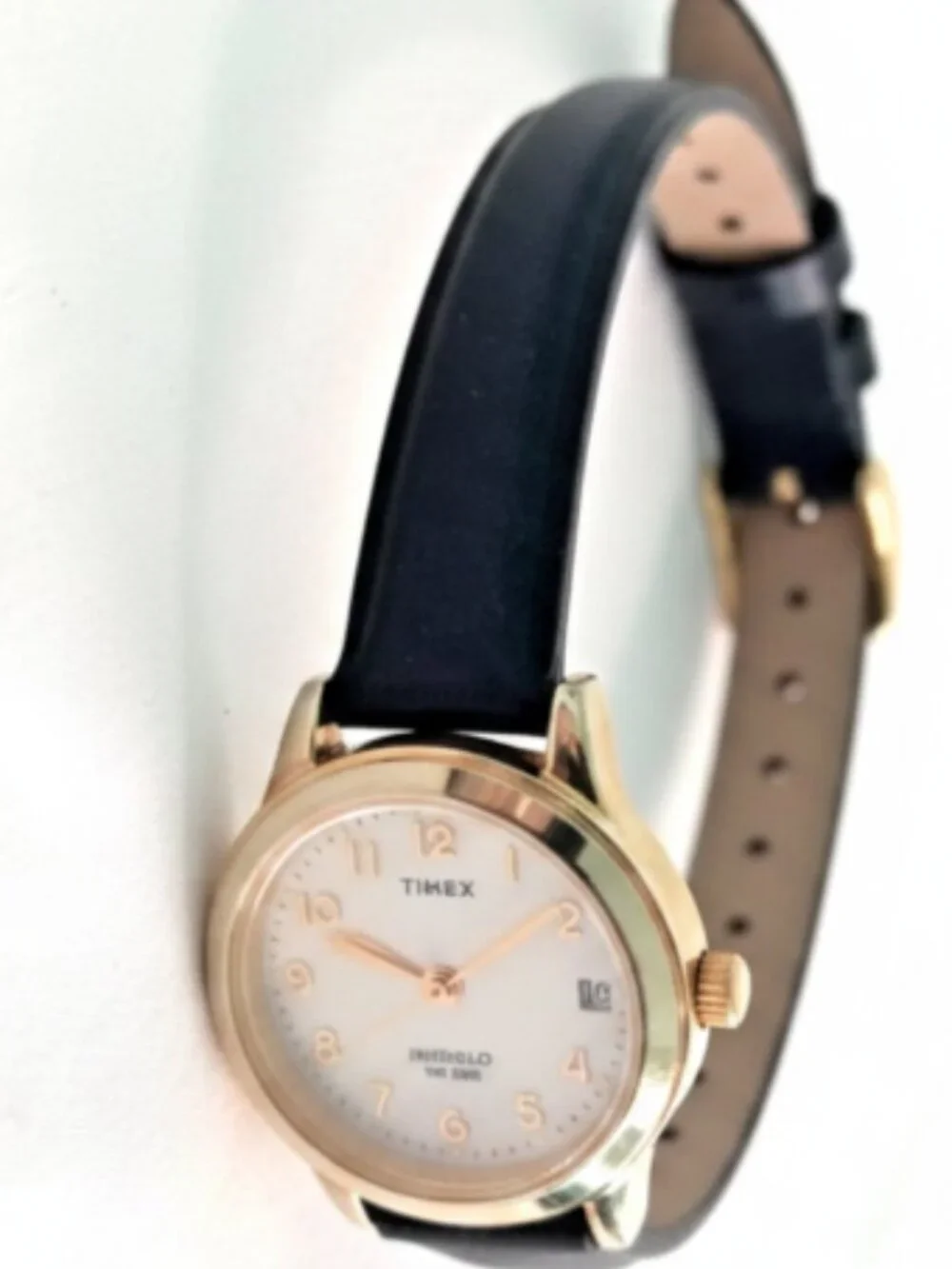 Timex Indiglo Women Watch Gold Tone White Dial Date Black Leather Band Works